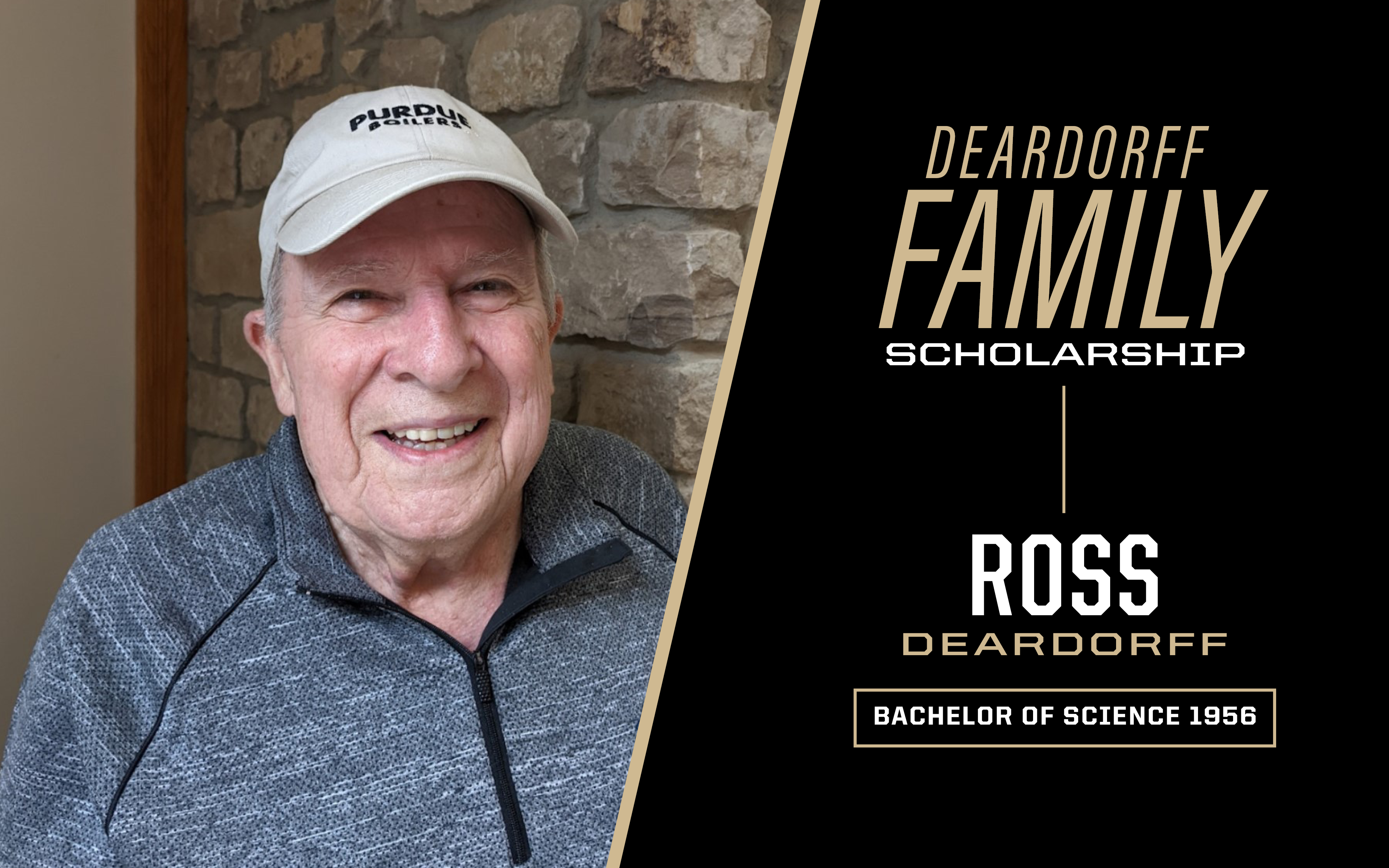 Headshot of Ross Deardorff, a man in a gray sweater and Purdue hat. Graphic elements display his name.
