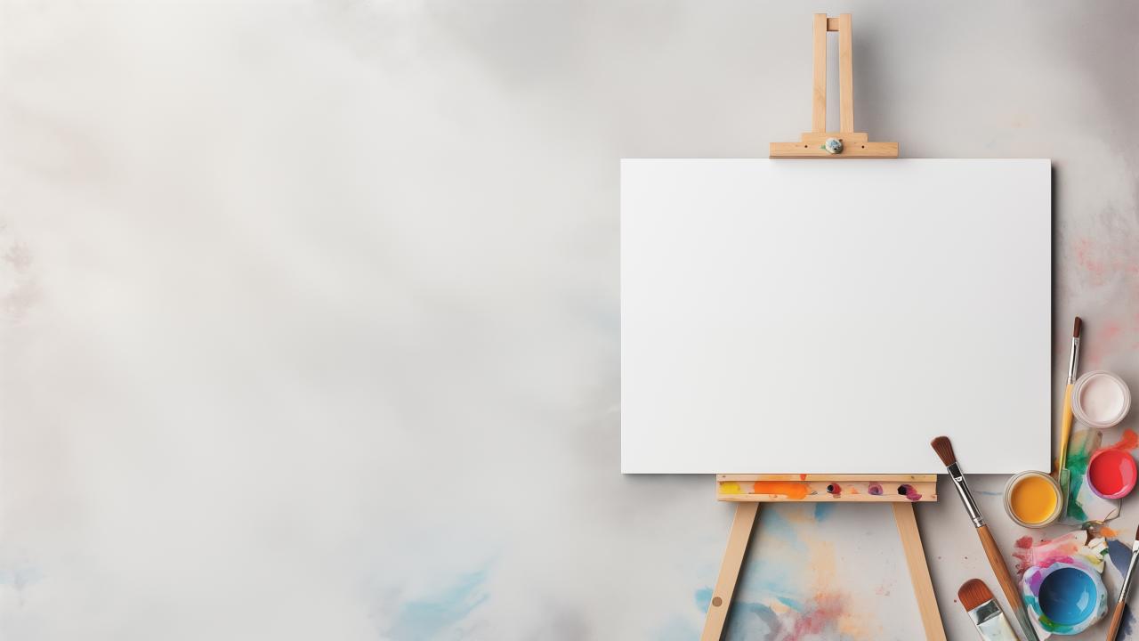Decorative image of a blank canvas on an easel with paints and paintbrushes.