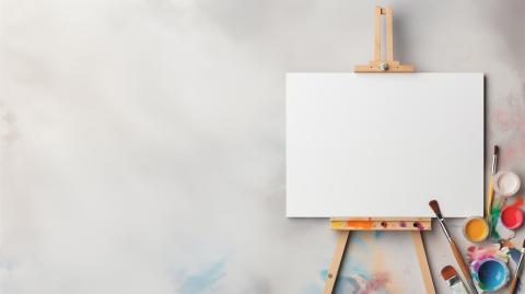 Decorative image of a blank canvas on an easel with paints and paintbrushes.